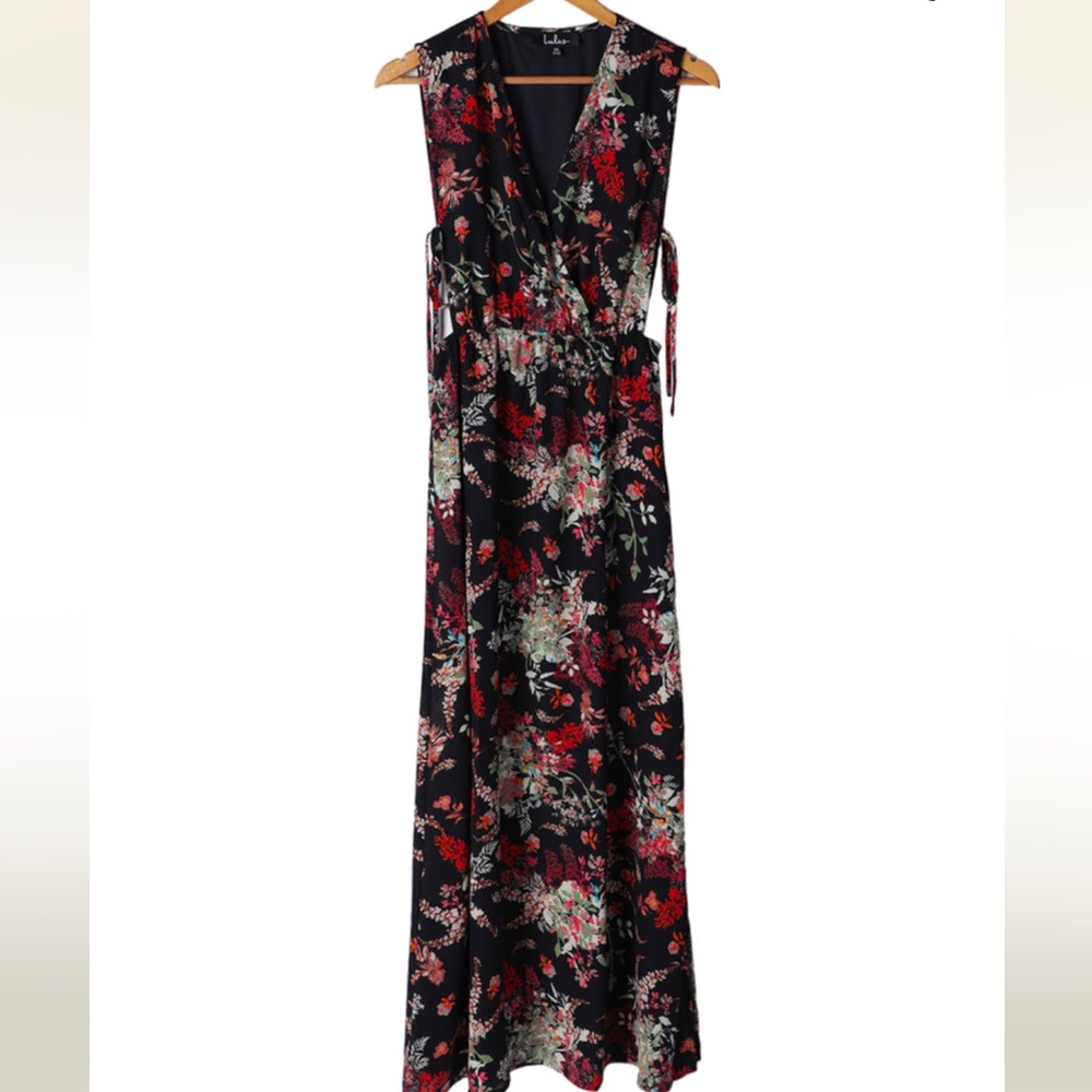 Lulus Navy Floral Maxi Dress Small Open Side Tie Detail